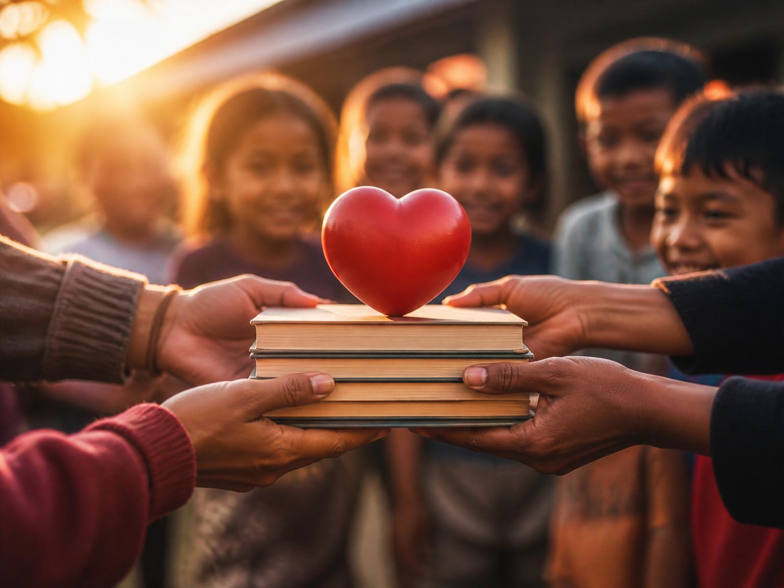 Hands passing books and hope to children at sunset