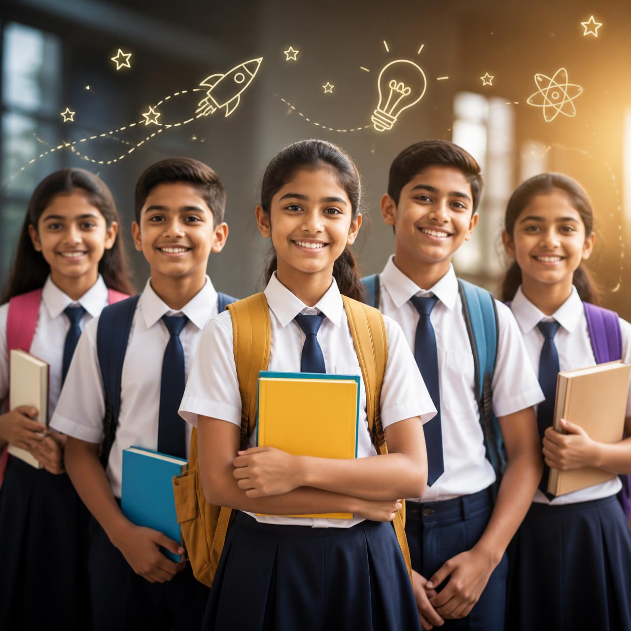 Indian school students of grades 3 to 12 with books and backpacks in a modern learning environment